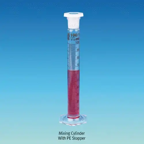 Witeg® Mixing Cylinder, B-class, with (1) PE Stopper or (2) PBT Screwcap, Tall-form, Graduated, 10~2,000ml With Hexagonal Base, DURAN Glass 3.3, Amber Stain Scale, DIN / ISO, [Germany-made]