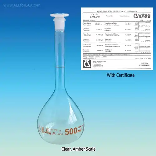 Witeg® Premium A-class Batch Certificated Volumetric Flask, Clear & Amber-glass, 5 ~ 5,000ml Amber & Blue Graduation in Clear Glass, DIN 1S0, DEM,