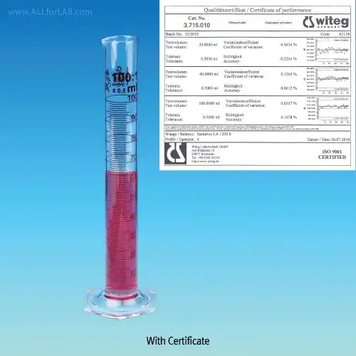 Witeg® Premium A-class ASTM/USP and DIN/ISO Batch Certificated Graduated Cylinder, Tall-form, 5 ~ 2,000ml With Spout Aumber Stain Scale Hexagonal Base• DURAN Glass 3.3• DEM marked,  DIN & ASTM 표준 메스실린더, 배취보증서, 갈색침투눈금