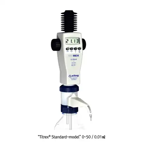 Witeg® Digital Burette, TITREX® Bottle-top, Titration and Dosing Applications, 0~ 50/0.01ml Ideal for Fine(ul) adjustment, Perpect Air purging Mechanism No Loss of Reagent Autoclavable Valve Block, 디지털 정밀 자동뷰렛