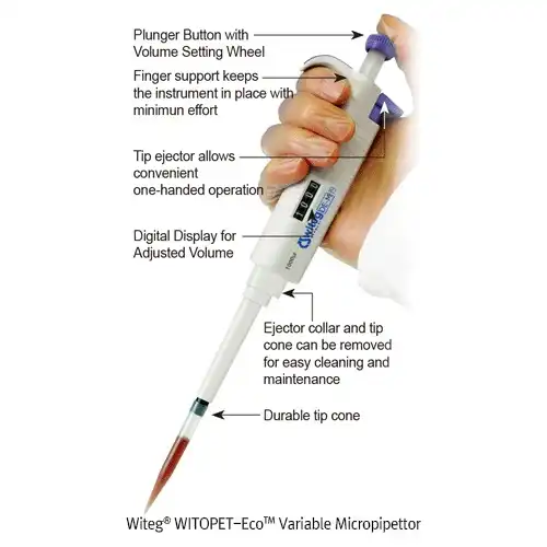 Witeg® WITOPET economy plus Variable Micropipettor, with Digital Display, 0.1 ~ 5000ml Good for Economical Operation, Autoclavable, 〈Germany-Made>/ 경제형 가변형 마이크로 피터