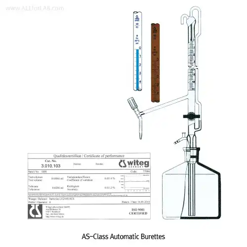 Witeg® Premium AS-Class Automatic Buret, with Batch Certificate, with 2Lit Bottle, Clear & Amber, 10 • 25 • 50ml With PTFENeedle Valve & Intermediate Stopcock, DIN/IS0, AS급 자동뷰렛, 셋트, 중간코크부착형, 병 포함