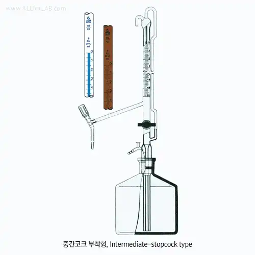 Witeg® Premium AS-Class Automatic Buret, with Batch Certificate, with 2Lit Bottle, Clear & Amber, 10 • 25 • 50ml With PTFENeedle Valve & Intermediate Stopcock, DIN/IS0, AS급 자동뷰렛, 셋트, 중간코크부착형, 병 포함