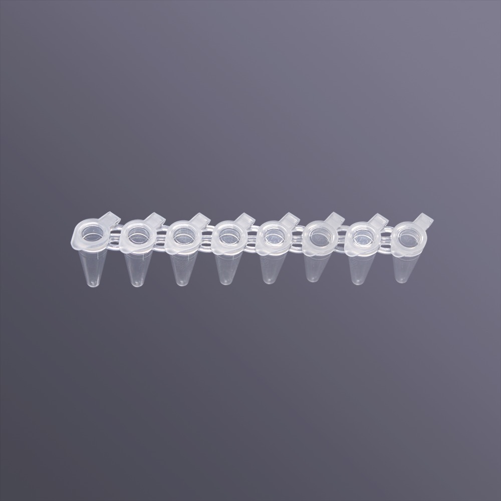 8 Strip Tubes with attached cap, clear tubes